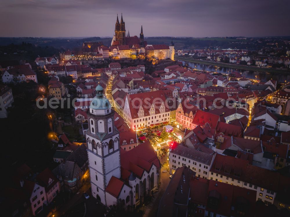 Aerial image at night Meißen - Night lights and illumination Christmas market in the old town area and city center in Meissen in the state of Saxony, Germany