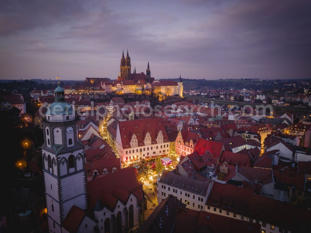 Meißen at night from above - Night lights and illumination Christmas market in the old town area and city center in Meissen in the state of Saxony, Germany