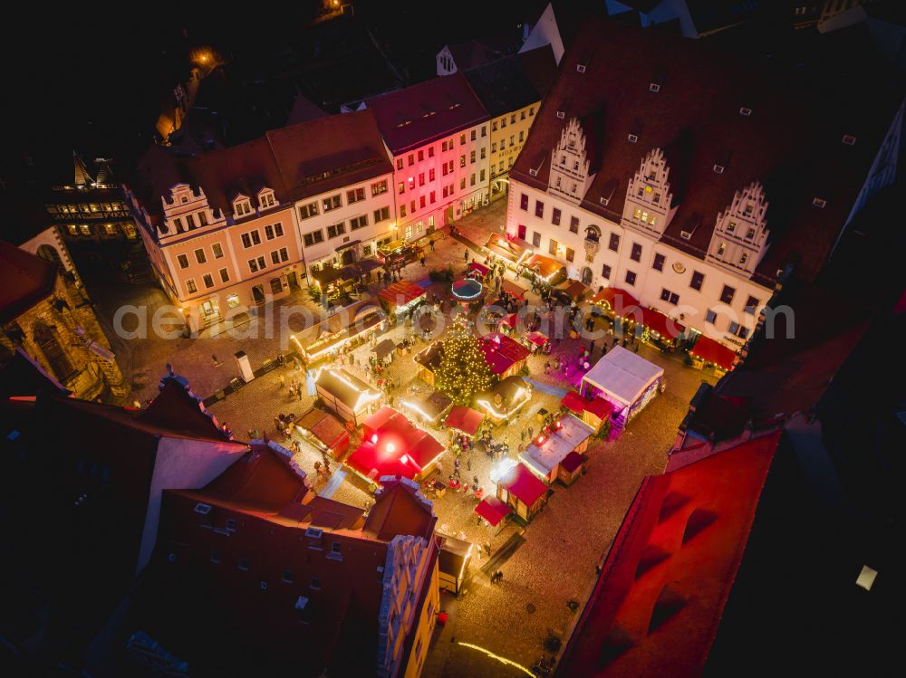 Aerial photograph at night Meißen - Night lights and illumination Christmas market in the old town area and city center in Meissen in the state of Saxony, Germany