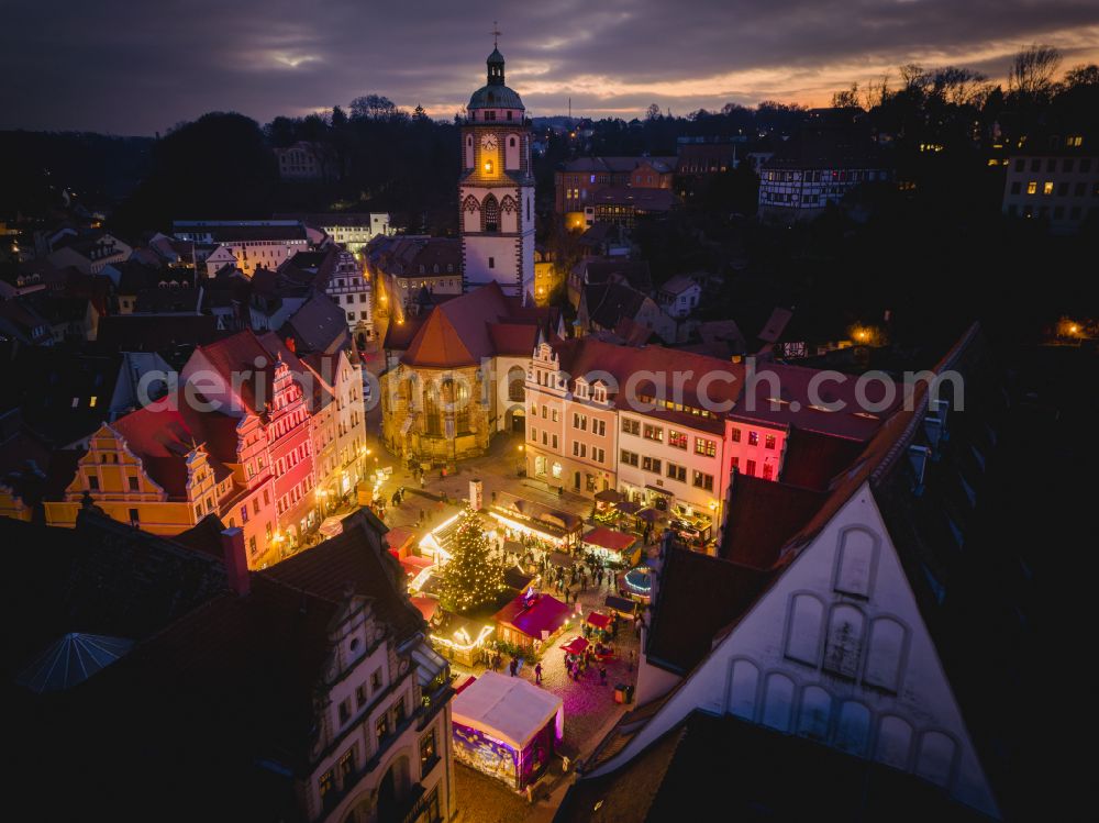 Aerial image at night Meißen - Night lights and illumination Christmas market in the old town area and city center in Meissen in the state of Saxony, Germany