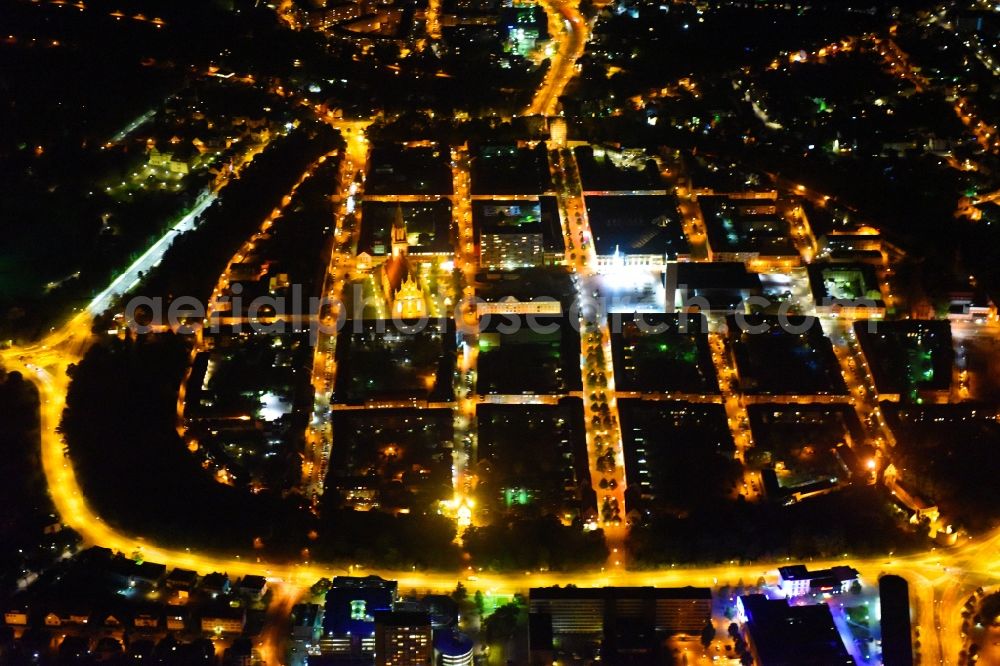 Neubrandenburg at night from above - Night lighting Old Town area and city center in Neubrandenburg in the state Mecklenburg - Western Pomerania, Germany