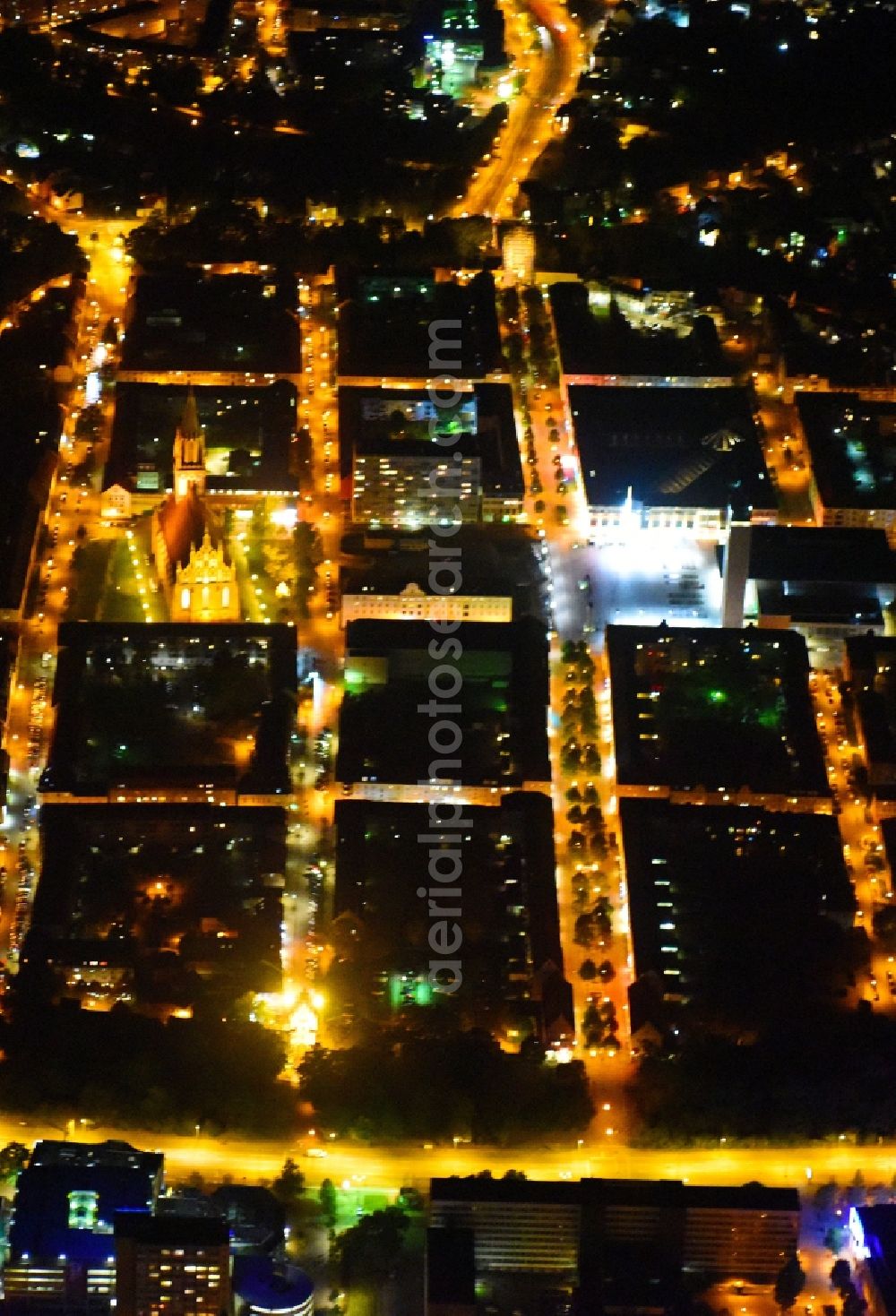 Neubrandenburg at night from the bird perspective: Night lighting Old Town area and city center in Neubrandenburg in the state Mecklenburg - Western Pomerania, Germany