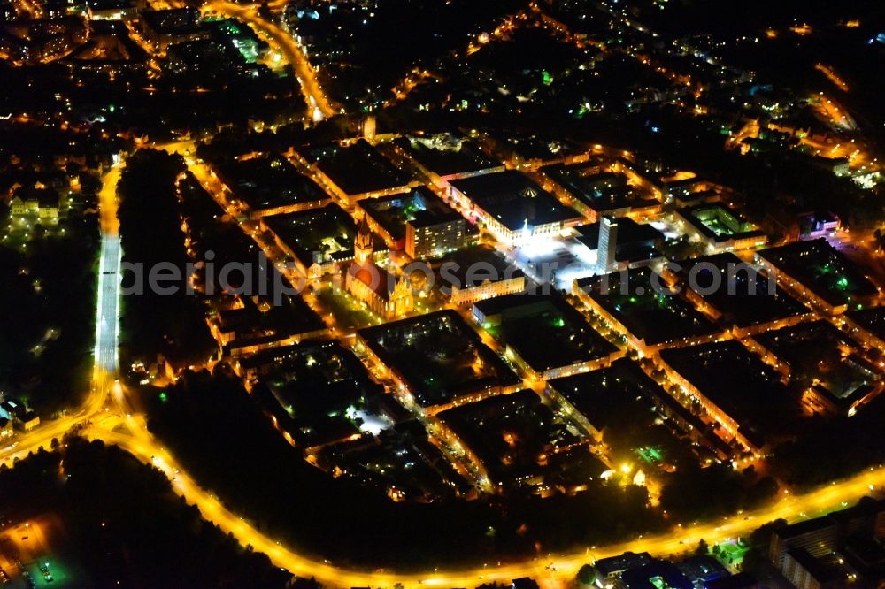 Aerial photograph at night Neubrandenburg - Night lighting Old Town area and city center in Neubrandenburg in the state Mecklenburg - Western Pomerania, Germany