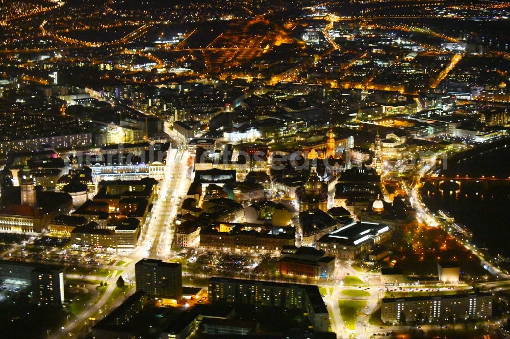 Dresden at night from the bird perspective: Night lighting Old Town area and city center in the district Altstadt in Dresden in the state Saxony, Germany