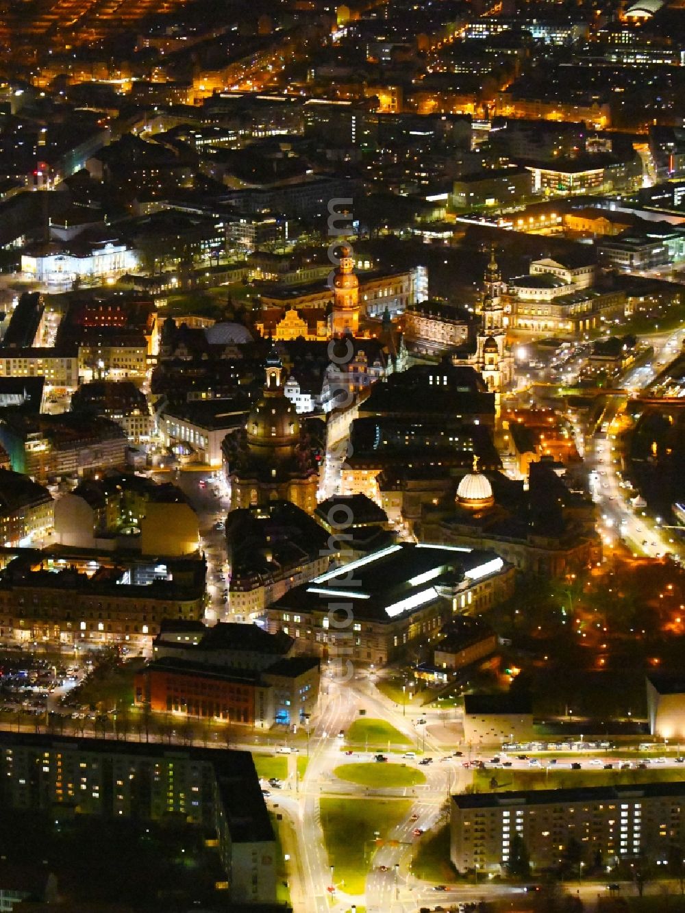 Aerial image at night Dresden - Night lighting Old Town area and city center in the district Altstadt in Dresden in the state Saxony, Germany