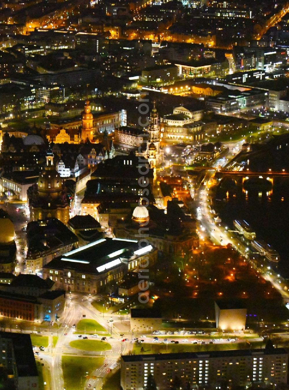 Dresden at night from above - Night lighting Old Town area and city center in the district Altstadt in Dresden in the state Saxony, Germany