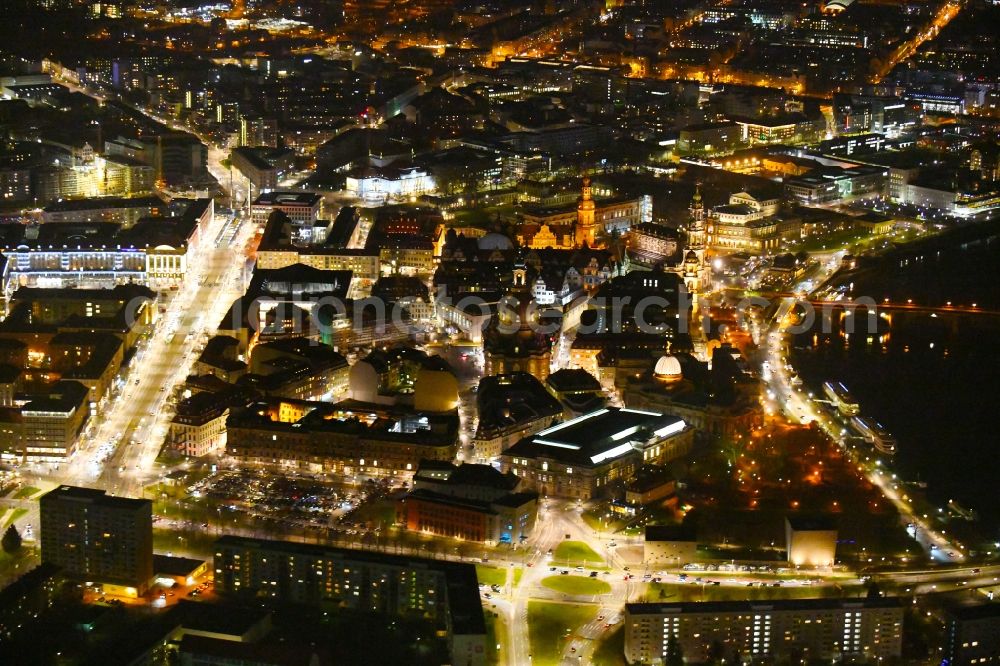 Dresden at night from the bird perspective: Night lighting Old Town area and city center in the district Altstadt in Dresden in the state Saxony, Germany