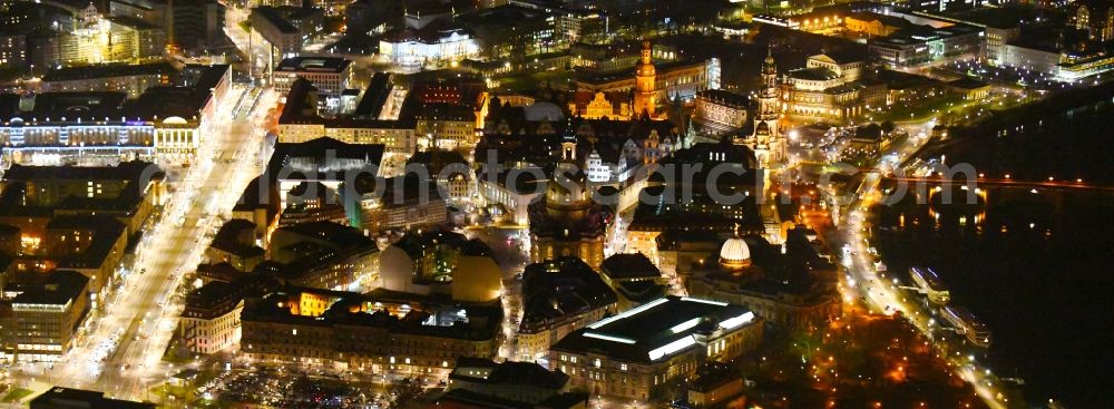 Aerial photograph at night Dresden - Night lighting Old Town area and city center in the district Altstadt in Dresden in the state Saxony, Germany