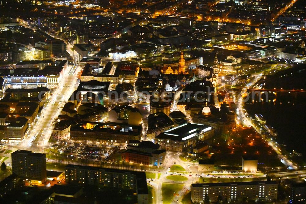 Aerial image at night Dresden - Night lighting Old Town area and city center in the district Altstadt in Dresden in the state Saxony, Germany