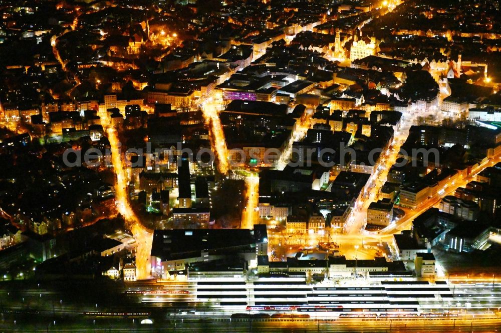 Aerial image at night Augsburg - Night lighting old Town area and city center in the district Bahnhofs-Bismarckviertel in Augsburg in the state Bavaria, Germany