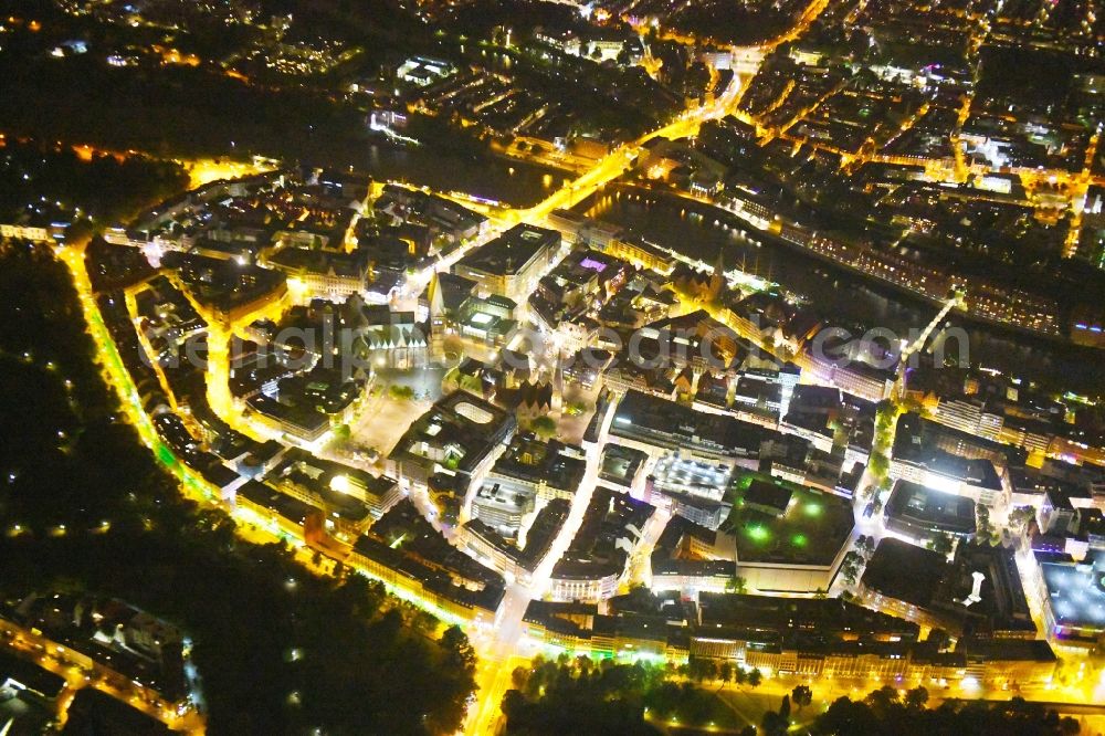 Bremen at night from above - Night lighting Old Town area and city center in the district Mitte in Bremen, Germany