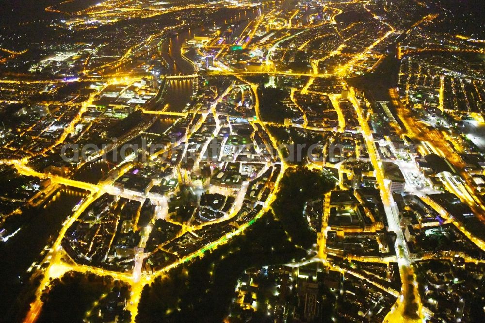 Bremen at night from above - Night lighting Old Town area and city center in the district Mitte in Bremen, Germany