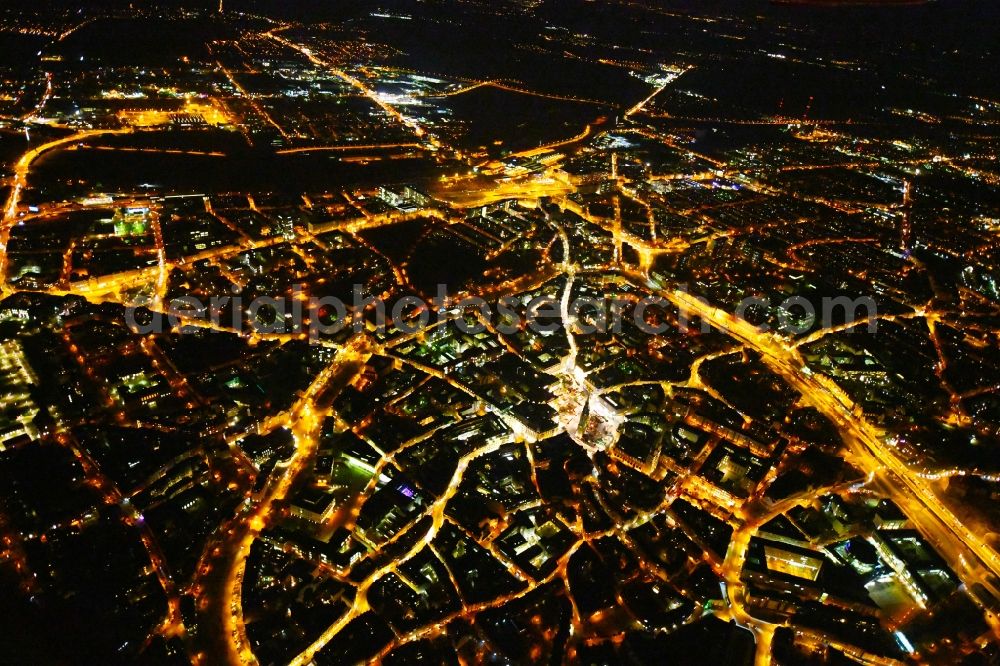 Aerial image at night Halle (Saale) - Night lighting Old Town area and city center in the district Mitte in Halle (Saale) in the state Saxony-Anhalt, Germany