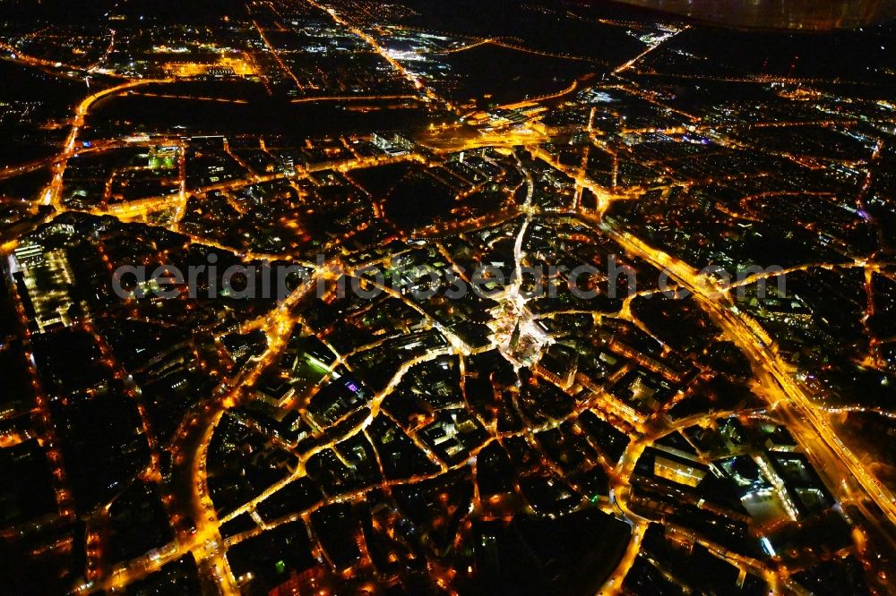 Halle (Saale) at night from above - Night lighting Old Town area and city center in the district Mitte in Halle (Saale) in the state Saxony-Anhalt, Germany