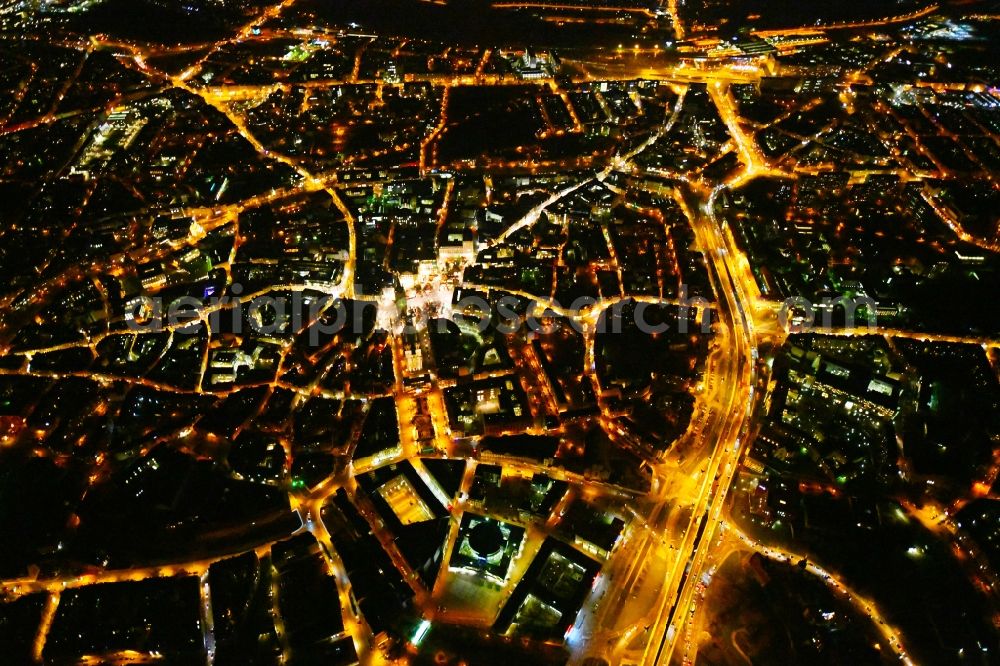 Aerial photograph at night Halle (Saale) - Night lighting Old Town area and city center in the district Mitte in Halle (Saale) in the state Saxony-Anhalt, Germany