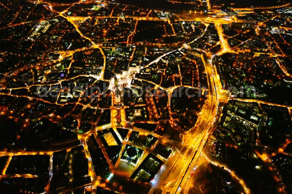 Aerial image at night Halle (Saale) - Night lighting Old Town area and city center in the district Mitte in Halle (Saale) in the state Saxony-Anhalt, Germany