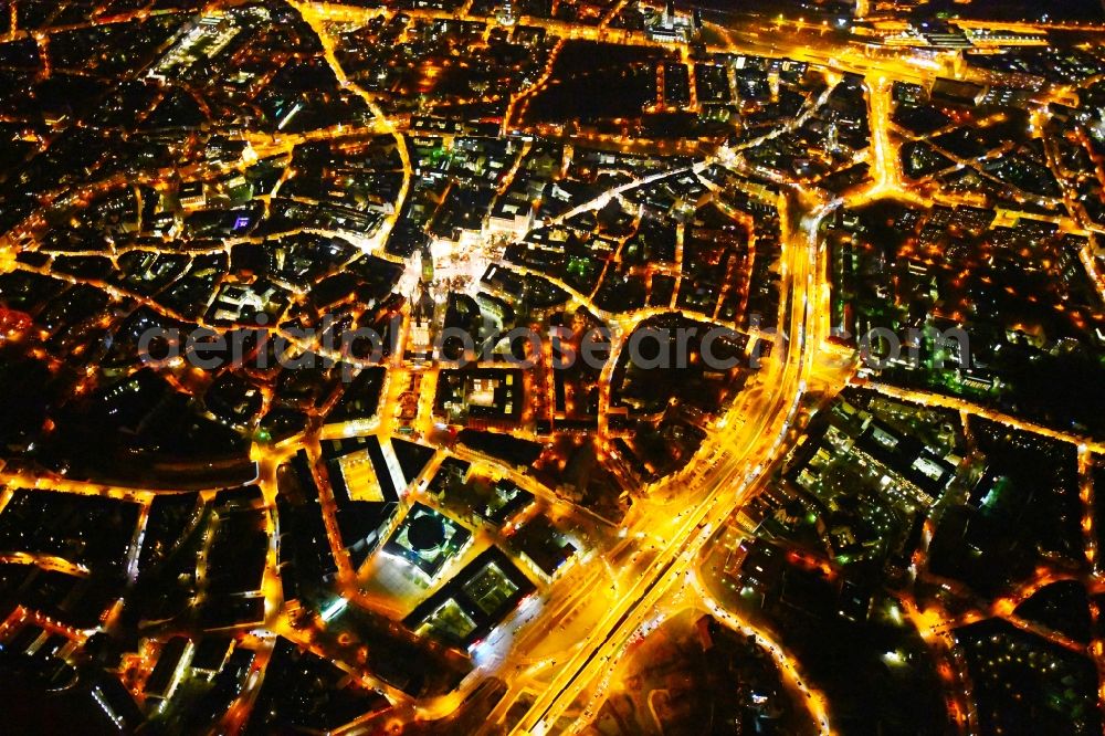 Halle (Saale) at night from above - Night lighting Old Town area and city center in the district Mitte in Halle (Saale) in the state Saxony-Anhalt, Germany