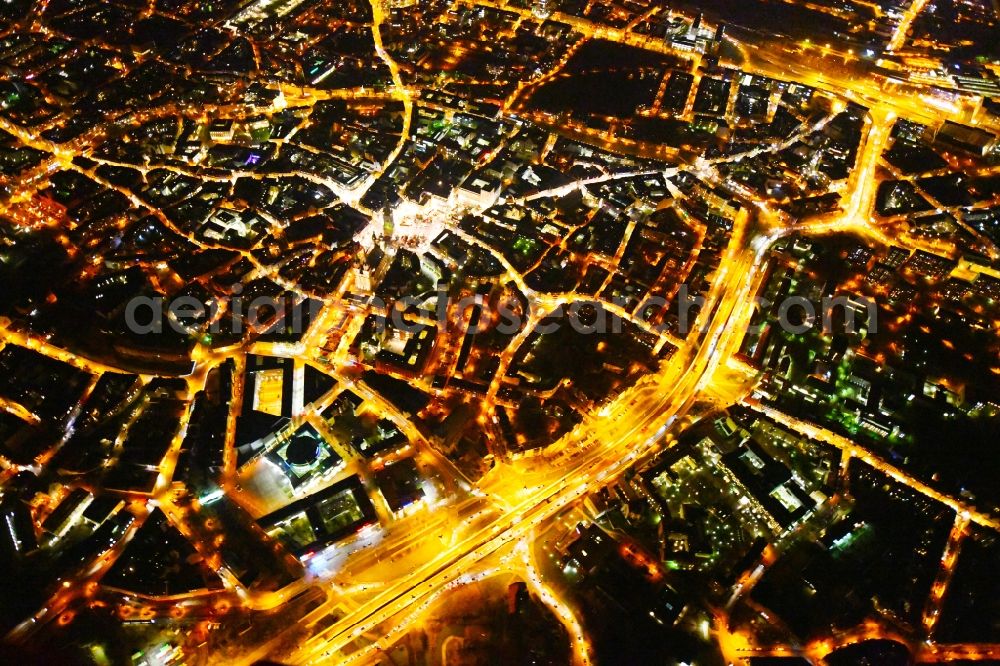 Aerial photograph at night Halle (Saale) - Night lighting Old Town area and city center in the district Mitte in Halle (Saale) in the state Saxony-Anhalt, Germany