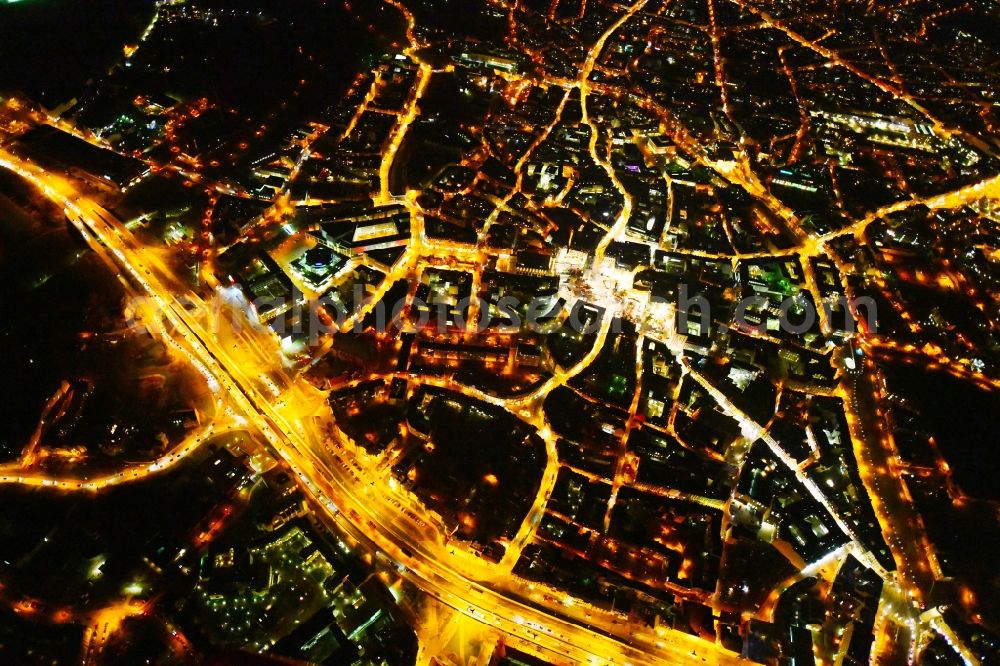 Aerial image at night Halle (Saale) - Night lighting Old Town area and city center in the district Mitte in Halle (Saale) in the state Saxony-Anhalt, Germany