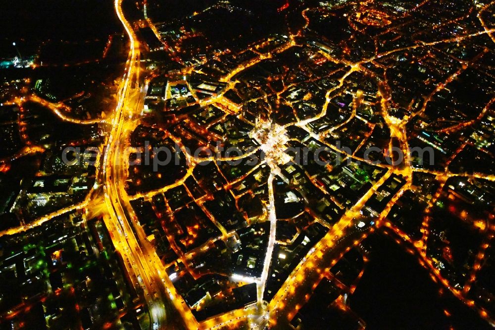 Halle (Saale) at night from above - Night lighting Old Town area and city center in the district Mitte in Halle (Saale) in the state Saxony-Anhalt, Germany