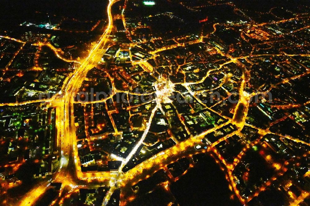 Aerial photograph at night Halle (Saale) - Night lighting Old Town area and city center in the district Mitte in Halle (Saale) in the state Saxony-Anhalt, Germany