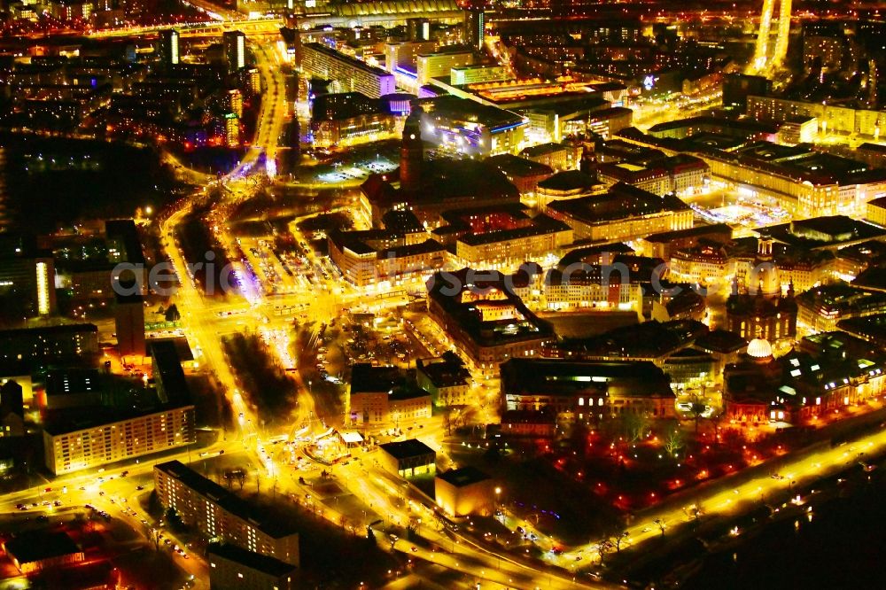 Aerial image at night Dresden - Night lighting old Town area and city center in the district Zentrum in Dresden in the state Saxony, Germany