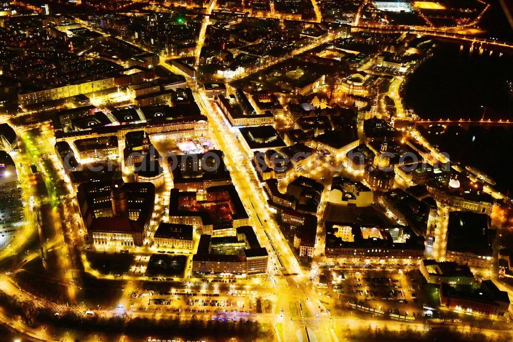 Dresden at night from the bird perspective: Night lighting old Town area and city center aloung the Wilsdruffer Strasse in Dresden in the state Saxony, Germany