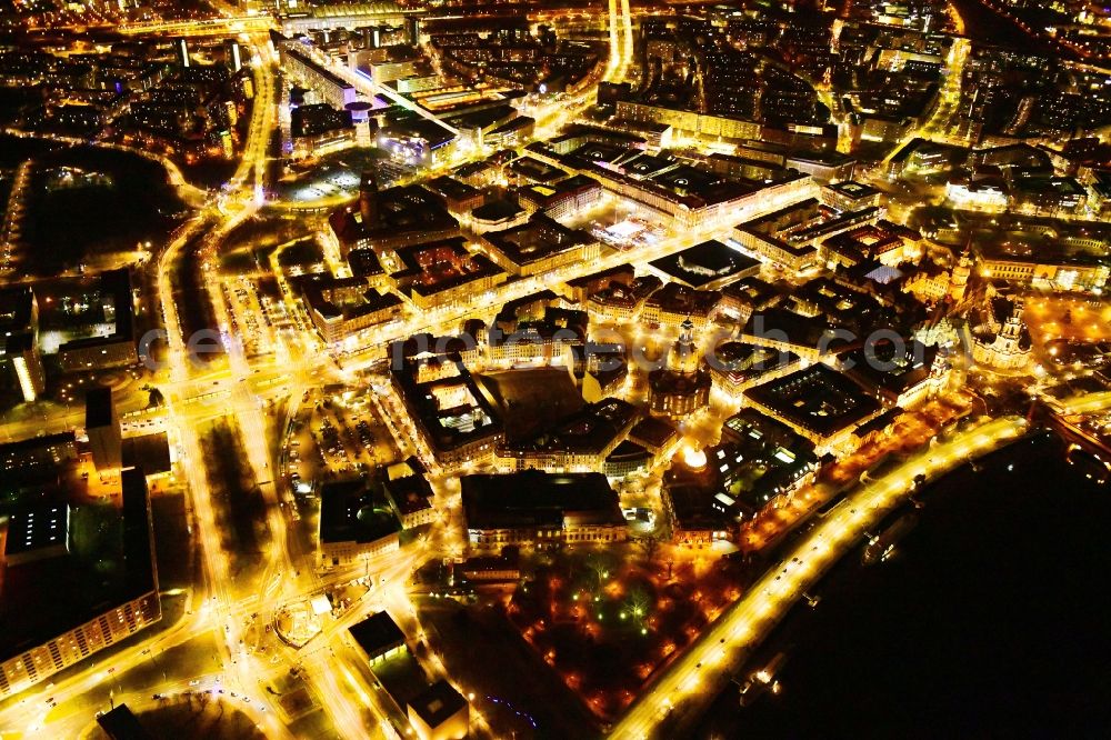 Dresden at night from the bird perspective: Night lighting old Town area and city center aloung the Wilsdruffer Strasse in Dresden in the state Saxony, Germany