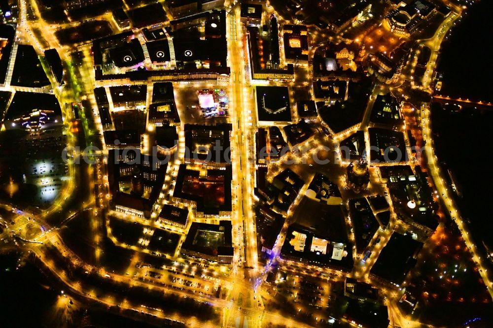 Aerial image at night Dresden - Night lighting old Town area and city center aloung the Wilsdruffer Strasse in Dresden in the state Saxony, Germany