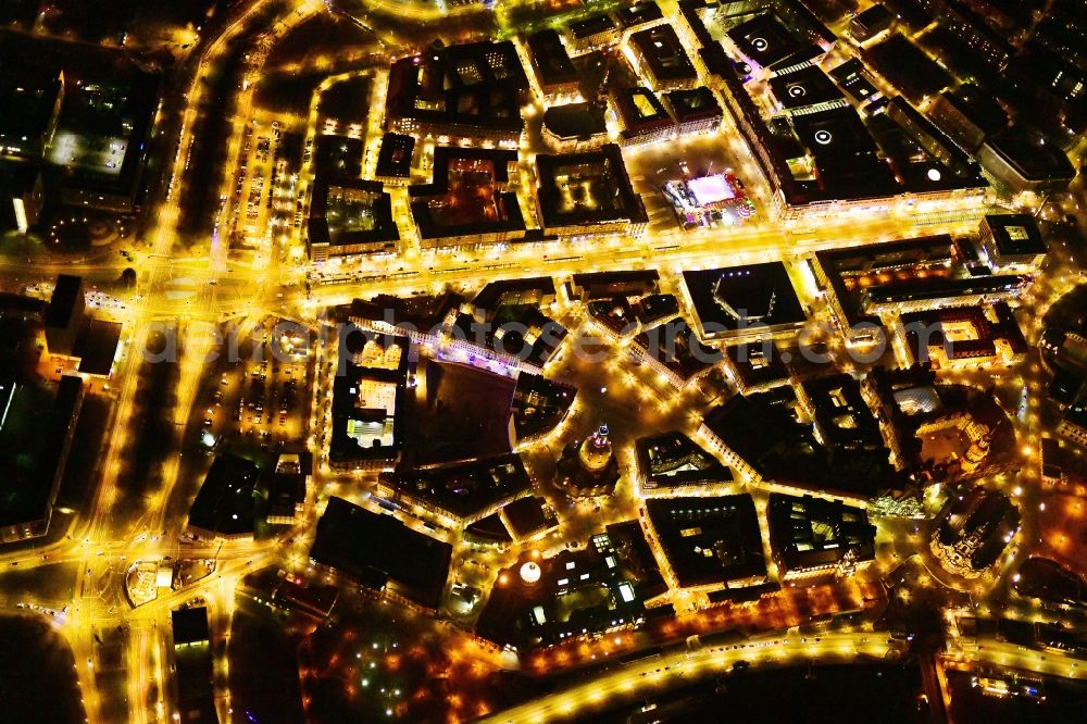 Dresden at night from the bird perspective: Night lighting old Town area and city center aloung the Wilsdruffer Strasse in Dresden in the state Saxony, Germany