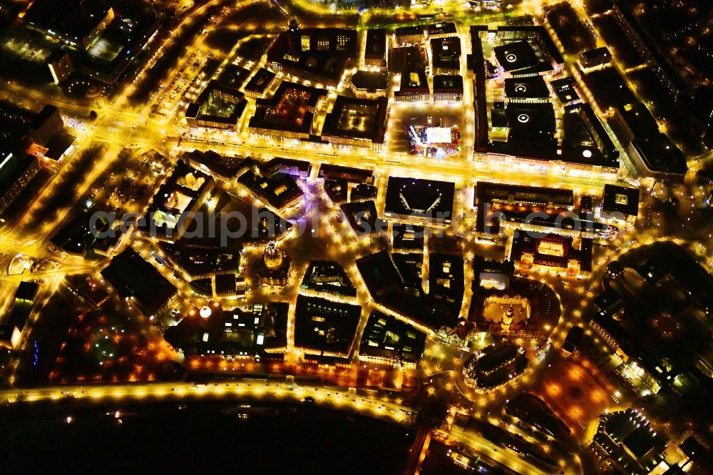 Aerial image at night Dresden - Night lighting old Town area and city center aloung the Wilsdruffer Strasse in Dresden in the state Saxony, Germany