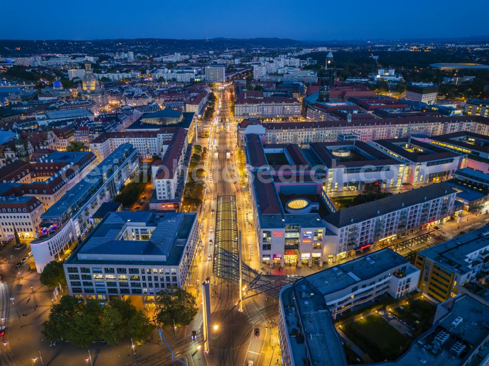 Dresden at night from above - Night lights and lighting Night lights and lighting Old town area and inner city center Postplatz along Wilsdruffer Strasse in the district Zentrum in Dresden in the federal state of Saxony, Germany