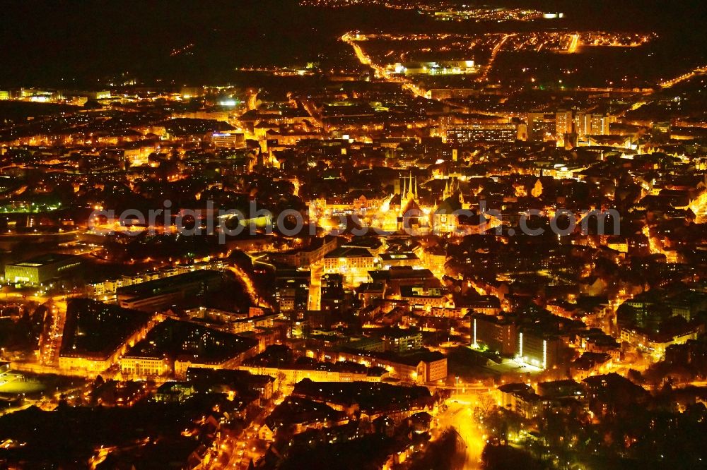 Erfurt at night from above - Night lighting old Town area and city center in the district Zentrum in Erfurt in the state Thuringia, Germany