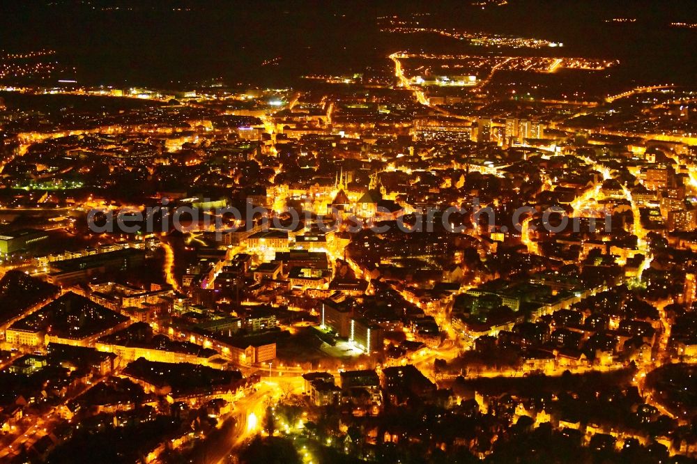 Aerial image at night Erfurt - Night lighting old Town area and city center in the district Zentrum in Erfurt in the state Thuringia, Germany