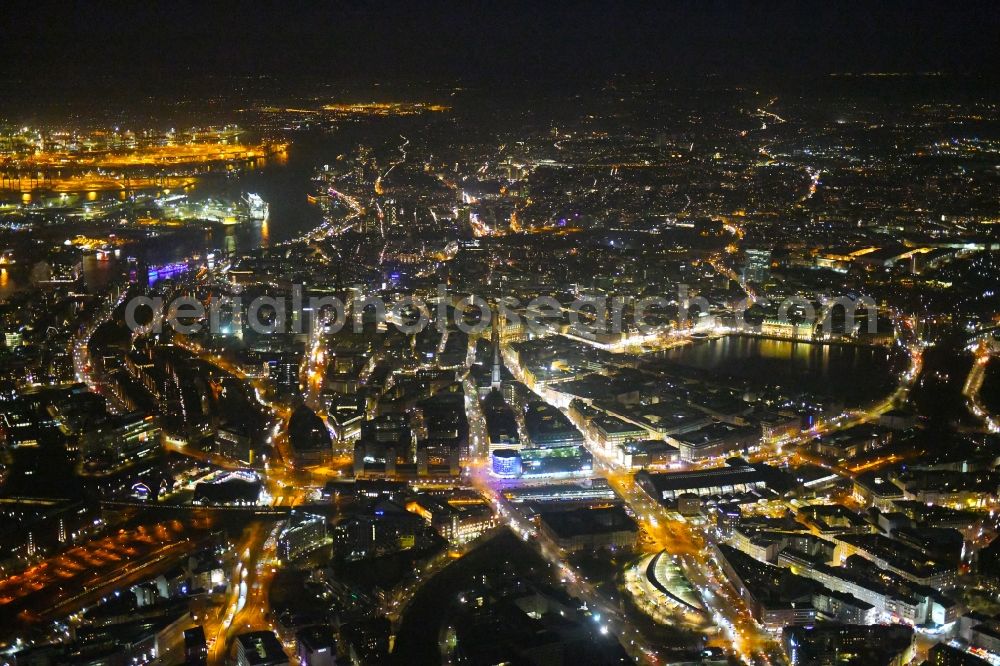 Hamburg at night from the bird perspective: Night lighting old Town area and city center in the district Zentrum in Hamburg, Germany