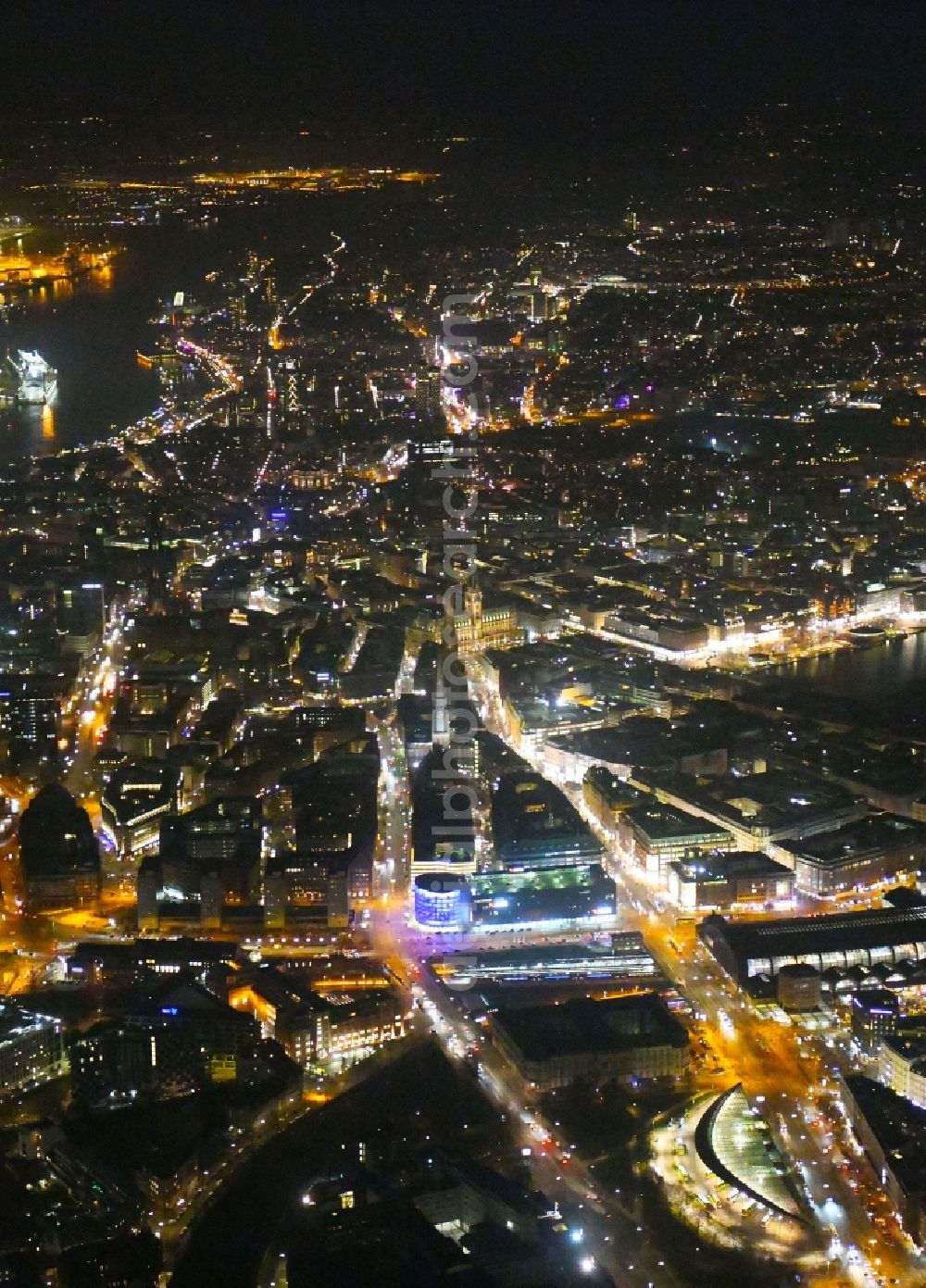 Aerial photograph at night Hamburg - Night lighting old Town area and city center in the district Zentrum in Hamburg, Germany