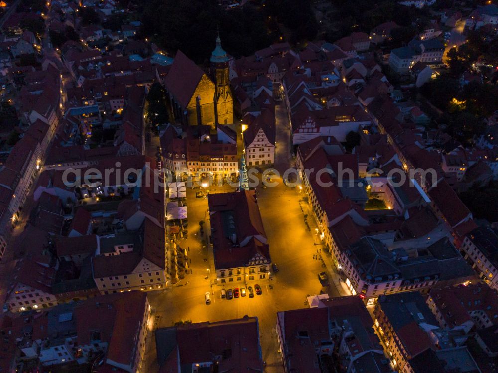 Pirna at night from the bird perspective: Night lighting old Town area and city center on street Am Markt in Pirna in the state Saxony, Germany