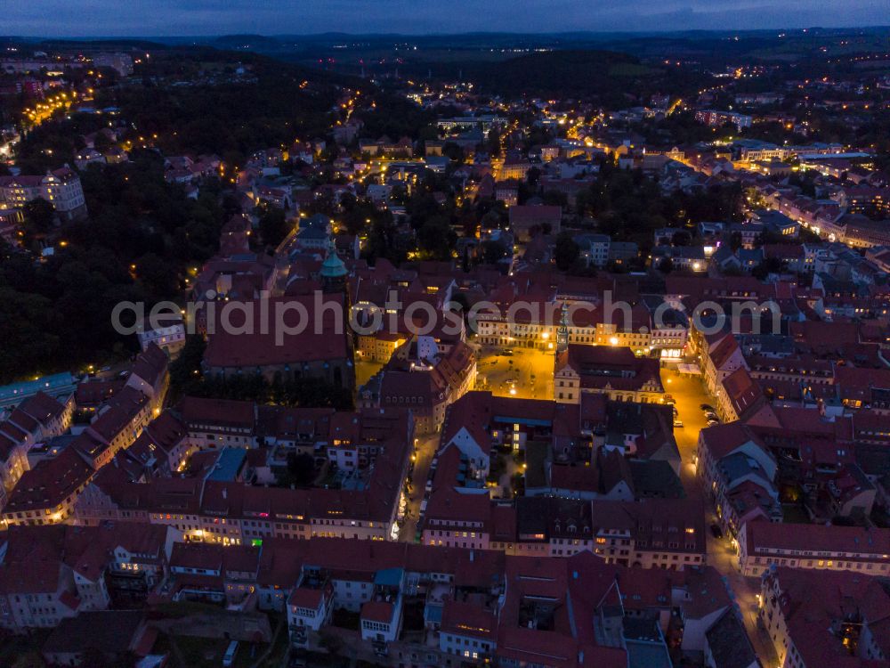 Aerial photograph at night Pirna - Night lighting old Town area and city center on street Am Markt in Pirna in the state Saxony, Germany