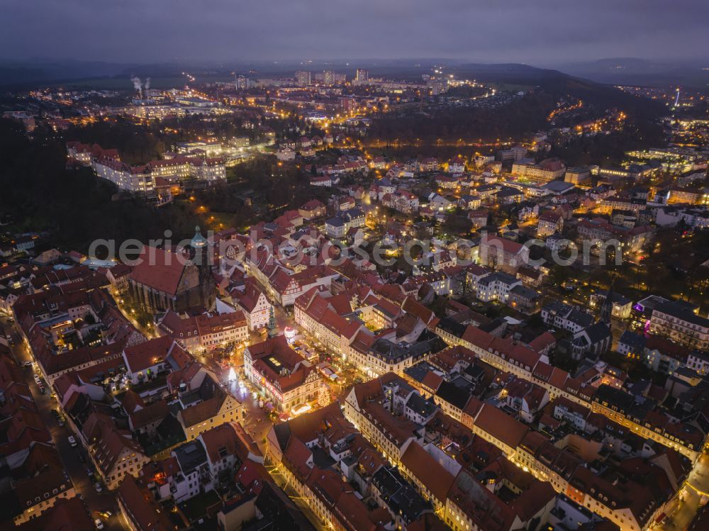 Aerial image at night Pirna - Night lights and illumination Christmas market Canalettomarkt in the old town area and city center in Pirna in the federal state of Saxony, Germany