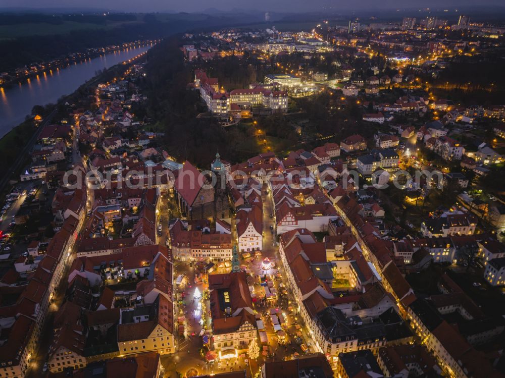 Pirna at night from above - Night lights and illumination Christmas market Canalettomarkt in the old town area and city center in Pirna in the federal state of Saxony, Germany