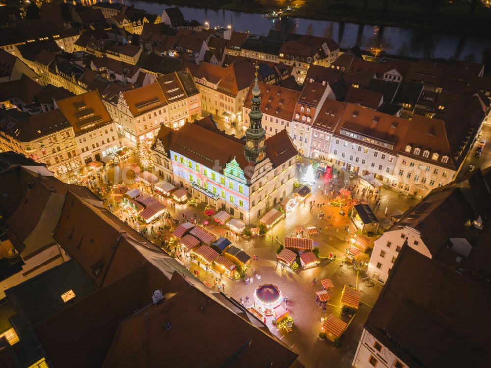 Pirna at night from above - Night lights and illumination Christmas market Canalettomarkt in the old town area and city center in Pirna in the federal state of Saxony, Germany