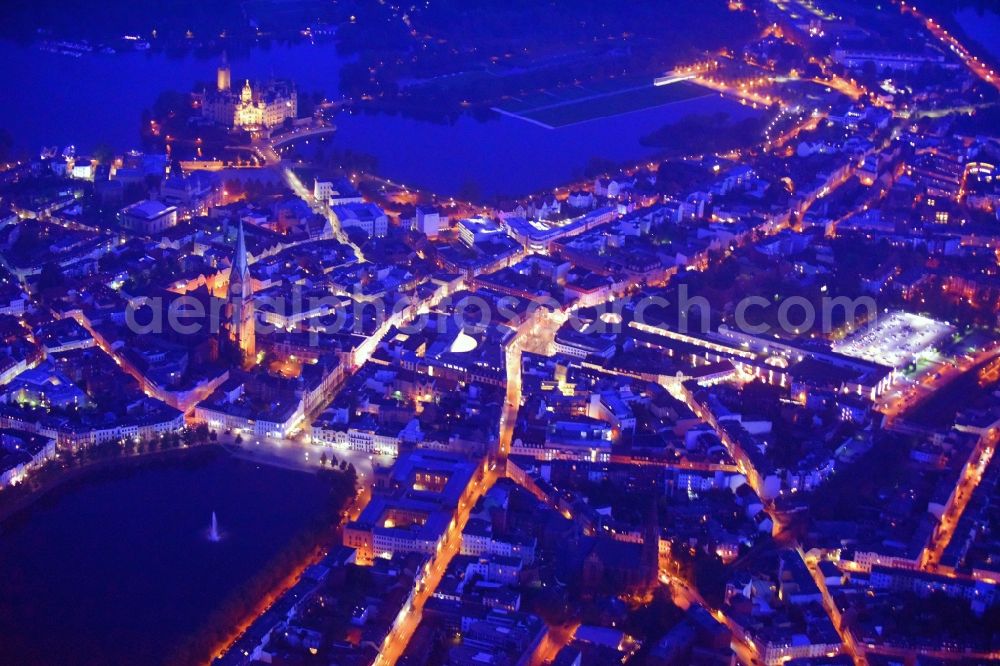 Schwerin at night from above - Night lighting Old Town area and city center in Schwerin in the state Mecklenburg - Western Pomerania, Germany