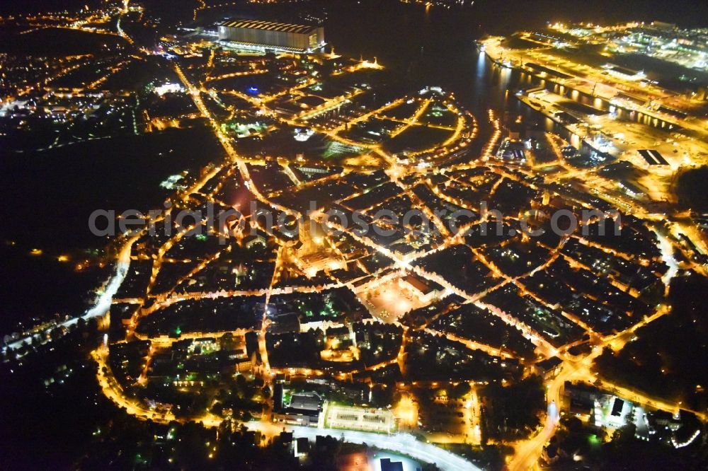 Wismar at night from above - Night lighting Old Town area and city center in Wismar in the state Mecklenburg - Western Pomerania, Germany