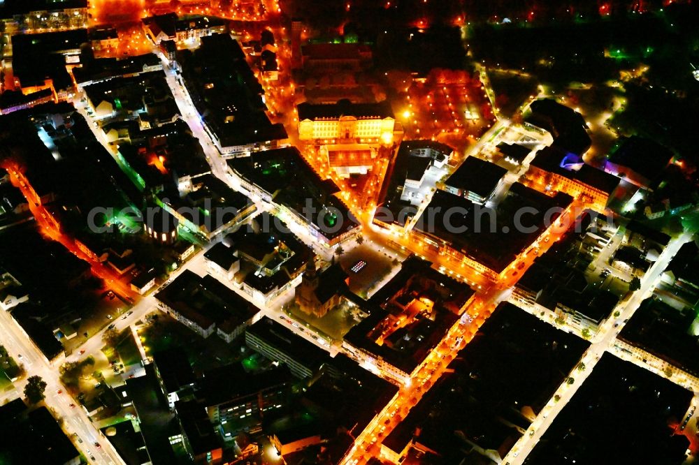 Zweibrücken at night from the bird perspective: Night lighting old Town area and city center on Hauptstrasse in Zweibruecken Westpfalz in the state Rhineland-Palatinate, Germany