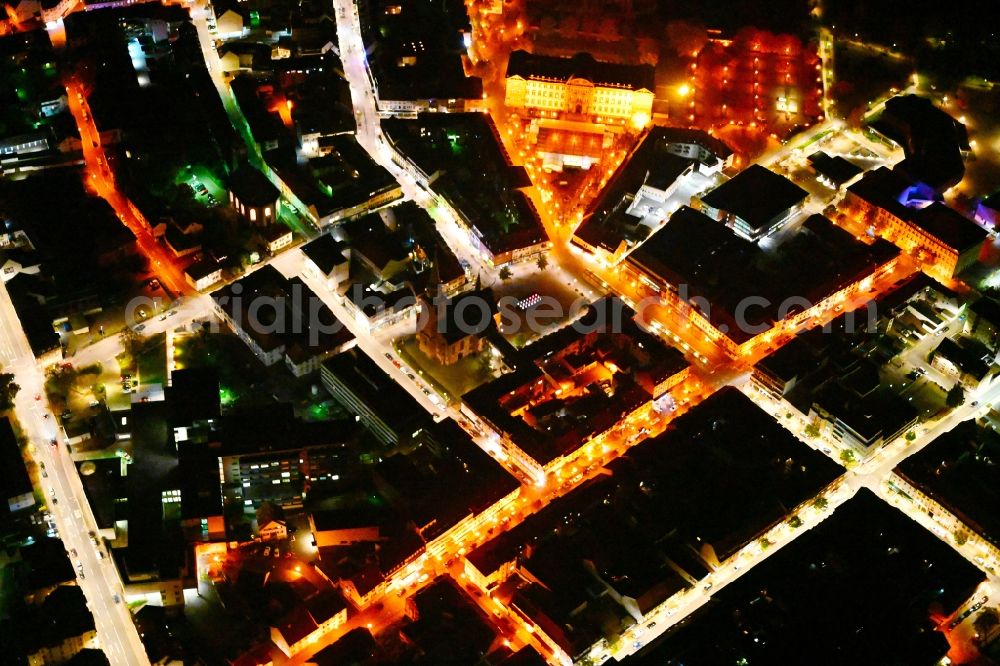 Aerial photograph at night Zweibrücken - Night lighting old Town area and city center on Hauptstrasse in Zweibruecken Westpfalz in the state Rhineland-Palatinate, Germany