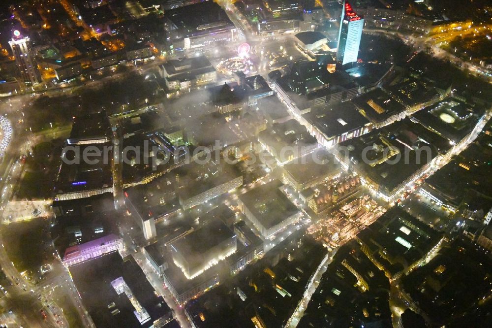 Aerial image at night Leipzig - Night lighting Old Town area and city center in the district Zentrum in Leipzig in the state Saxony, Germany