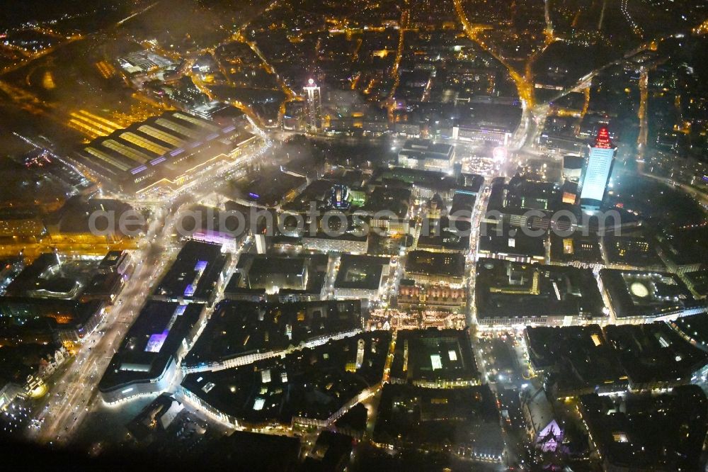 Leipzig at night from above - Night lighting Old Town area and city center in the district Zentrum in Leipzig in the state Saxony, Germany