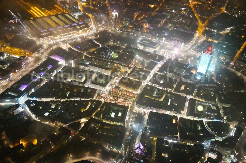 Leipzig at night from the bird perspective: Night lighting Old Town area and city center in the district Zentrum in Leipzig in the state Saxony, Germany