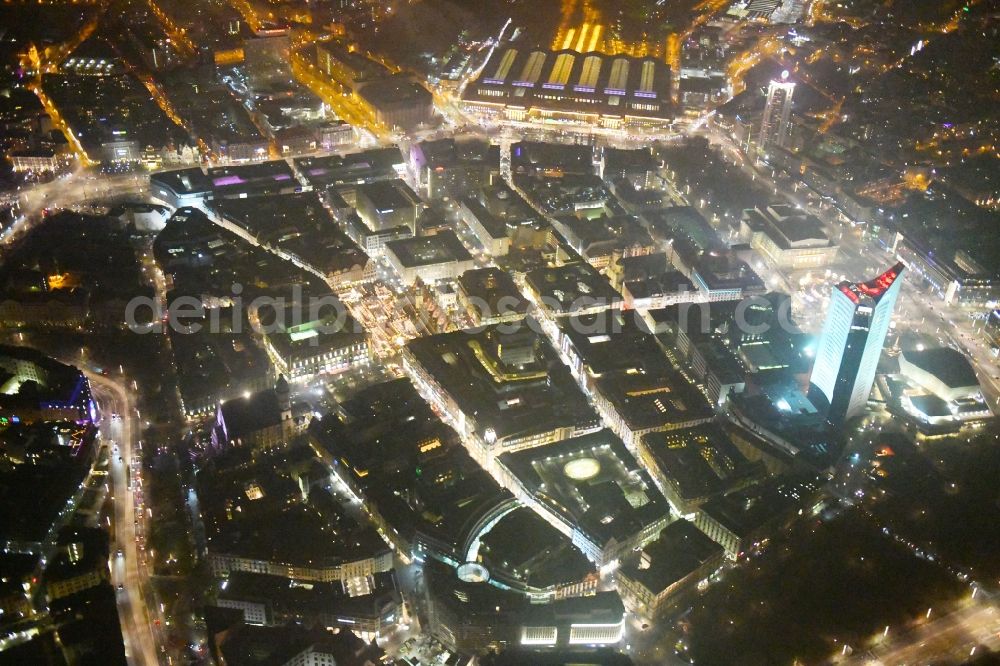 Aerial photograph at night Leipzig - Night lighting Old Town area and city center in the district Zentrum in Leipzig in the state Saxony, Germany