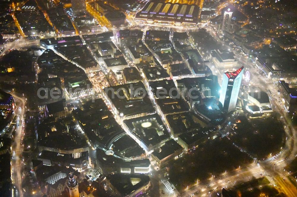 Aerial image at night Leipzig - Night lighting Old Town area and city center in the district Zentrum in Leipzig in the state Saxony, Germany